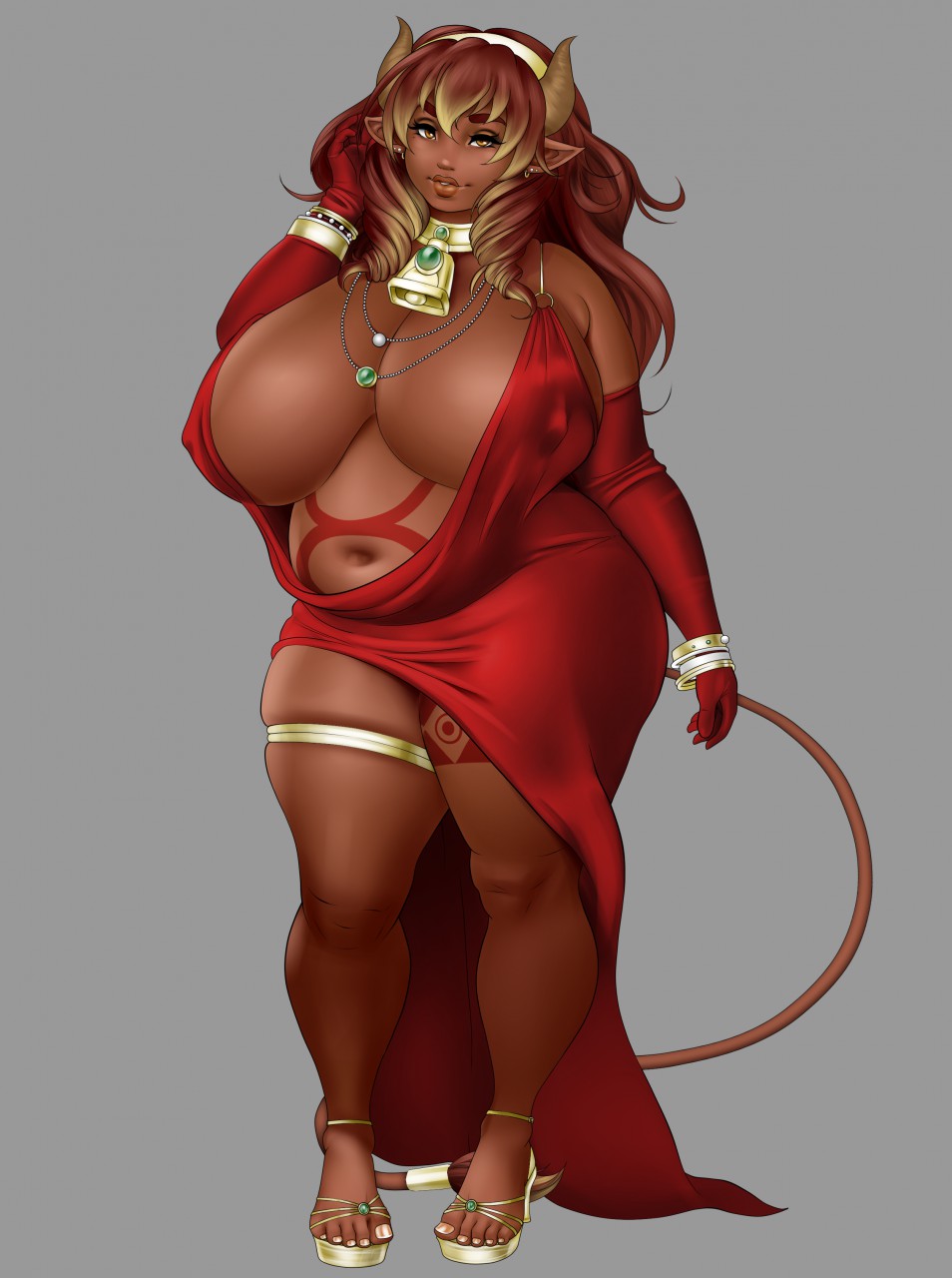 breasts, cleavage, corruption of champions, cow girl, cowbell, curvy, dark skin, dark-skinned female, dress, drill hair, earrings, elbow gloves, excellia (corruption of champions), fat, female, female minotaur, gloves, horns, huge breasts, ketsuga, long hair, minotaur, minotaur female, monster girl, navel, necklace, overweight, partially clothed, pointy ears, red hair, skindentation, slightly chubby, smile, solo, standing, tail, tattoo, thigh strap, two-tone hair, yellow eyes