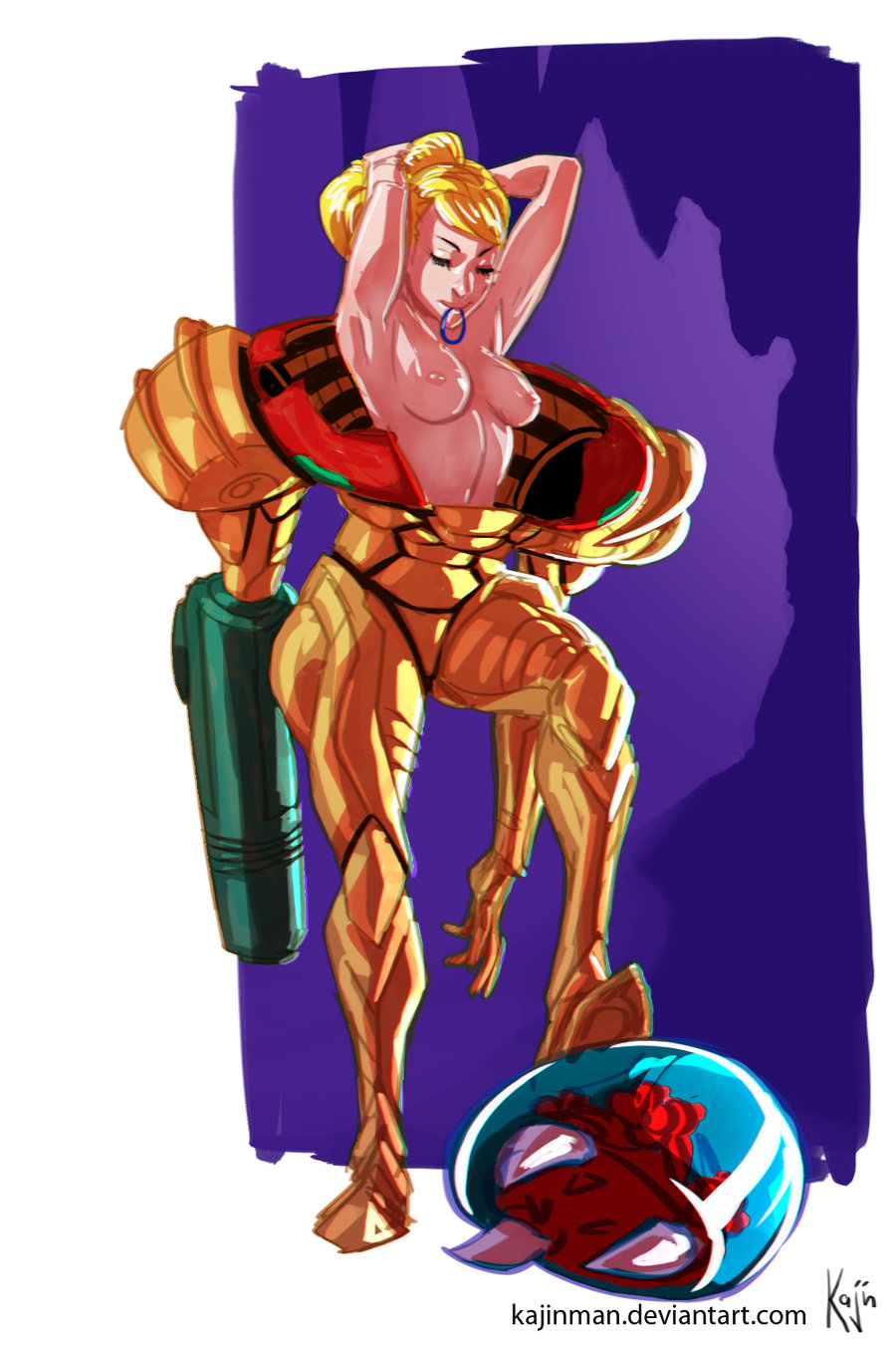 1girls adjusting_hair alternate_version_available areola arm_cannon armor armored_samus artist_signature blonde_hair breasts color deviantart_url female female_only foot_on_kill hairtie hairtie_in_mouth human kajin_(kajinman) kajinman medium_breasts metroid metroid_(creature) nintendo nipples nude nude_female open_armor pauldrons power_armor power_suit purple_background samus_aran solo super_metroid topless tying_hair varia_suit white_background