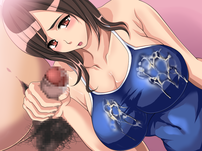 breasts censored cum cum_on_breasts cum_on_clothes fat_man handjob large_breasts oshieko_chinami_no_enkou_kiroku penis pubic_hair starworks swimsuit testicles