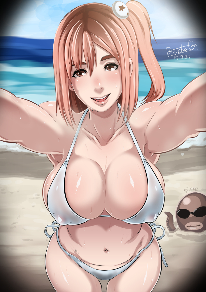 anthro, beach, bikini, breasts, brown eyes, brown hair, butcha-u, cleavage, dead or alive, dead or alive xtreme beach volleyball, erect nipples, eroquis, female, hair, honoka (doa), human, large breasts, male, navel, nipples, octopus, selfie, short hair, side-tie bikini, smile, standing, sweat, tecmo, zack (dead or alive)