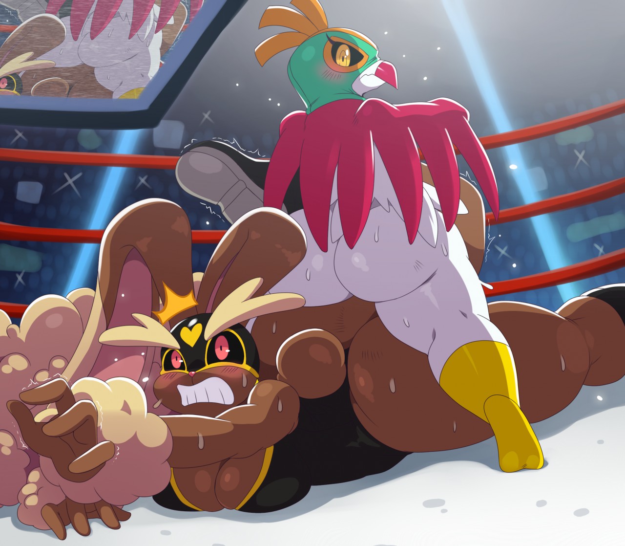 2girls, anthro, ass, ass focus, audience, avian, barefoot, beak, big ass, big butt, bird, blush, boots, breasts, clenched teeth, close-up, clothing, feathers, female, female only, footwear, fur, hawlucha, headgear, heart, inside, lagomorph, long ears, looking at viewer, looking back, lopunny, lying, mammal, mask, nintendo, nude, on floor, on top, pokemon, pokemon (species), public, rabbit, reverse cowgirl position, sex, sitting, sport, sssonic2, sweat, teeth, thick thighs, video games, wings, wrestling
