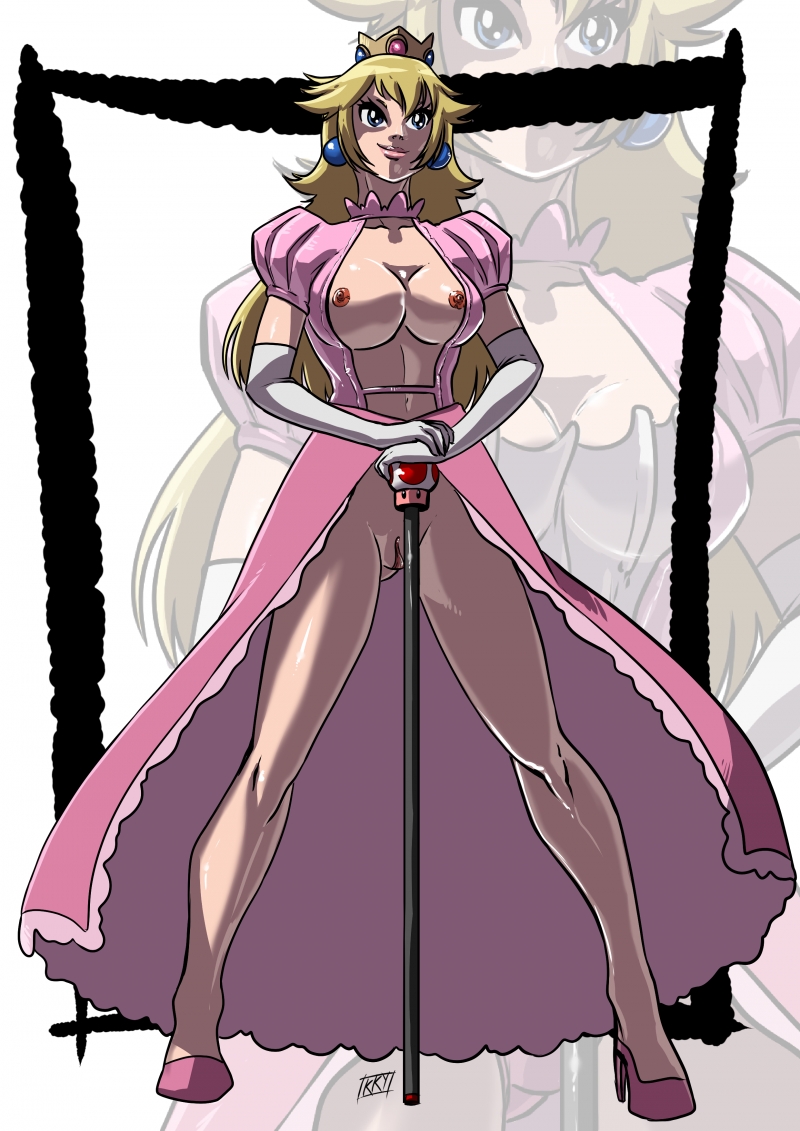 blonde_hair breasts crown dress earrings elbow_gloves full_body gloves high_heels kukuruyo mario_(series) nintendo princess_peach pussy shoes standing