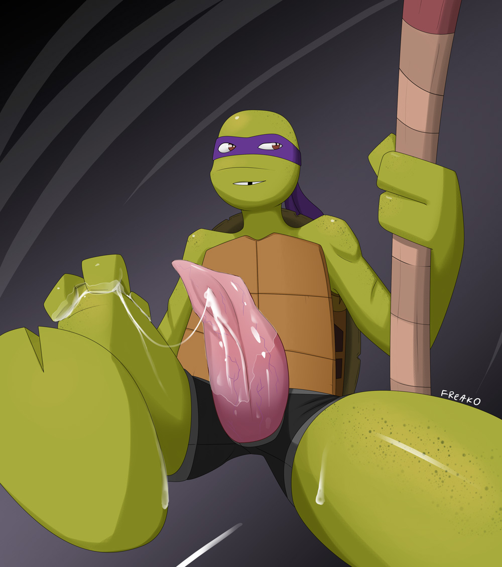 1boy animal_genitalia anthro big_penis clothing cum donatello freako furry furry_only male male_only mask penis polearm precum red_eyes reptile scalie shell solo staff teenage_mutant_ninja_turtles turtle turtlecock underwear weapon