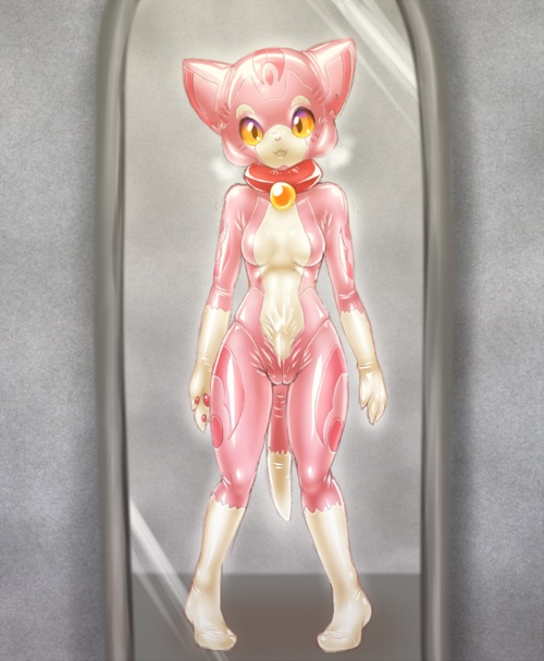 1futa 2015 bodysuit bondage bound breasts clothing collar dickgirl feline fursuit futanari gender_transformation intersex looking_at_viewer mammal paws penis pink_body pink_suit_tf rubber second_bodysuit skinsuit solo tetetor-oort transformation yellow_eyes