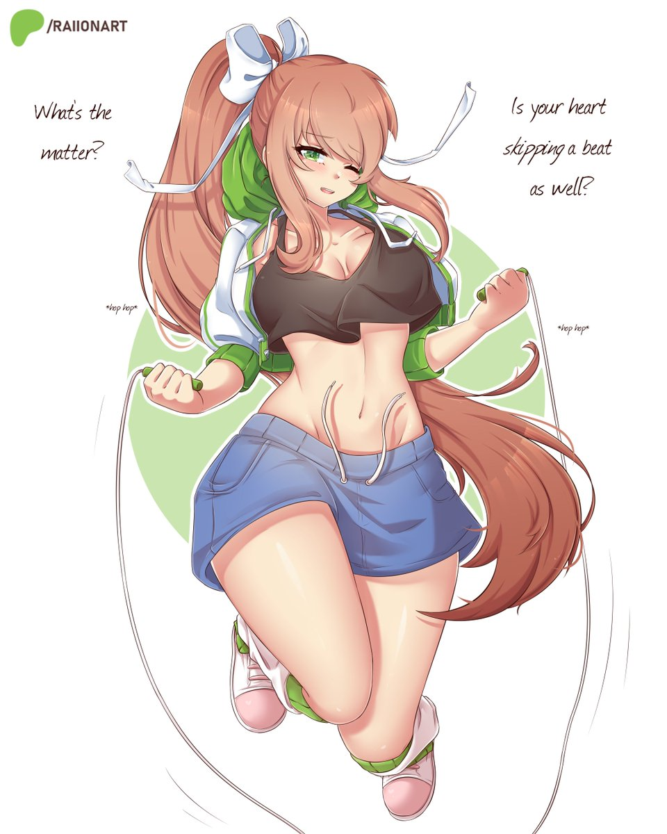 1girls black_top blue_shorts brown_hair doki_doki_literature_club fit_female green_eyes jump_rope long_hair monika_(doki_doki_literature_club) raionart ribbon white_bow white_ribbon