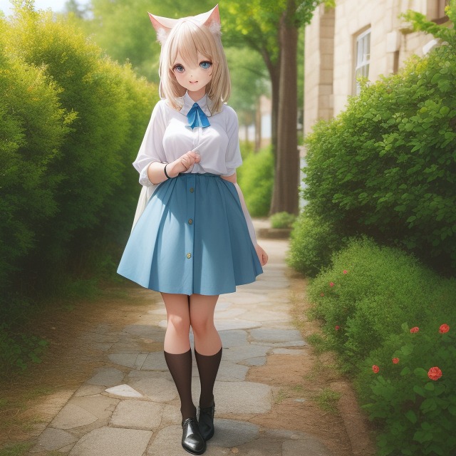 ai_generated anime_style background blonde_hair blue_eyes boots bracelet building buildings cat_ears cat_tail catgirl clothed clothed_female cute cute_face female female_only flowers legs light-skinned_female light_skin looking_at_viewer neko outside path plants skirt smiling trees uuuuufdg village walking walking_towards_viewer young younger_female