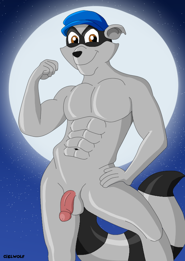 anthro balls ciel-wolf clothing fur genitals grey_body grey_fur hat headgear headwear light male male_focus male_only mammal moonlight muscular muscular_anthro muscular_male night penis procyonid raccoon sly_cooper sly_cooper_(series) solo sony_corporation sony_interactive_entertainment sucker_punch_productions thief