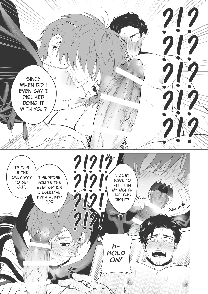 2boys blush comic comic_page english_text eyepatch gay hard_cock kajiyama_fuuta milgram mukuhara_kazui yaoi