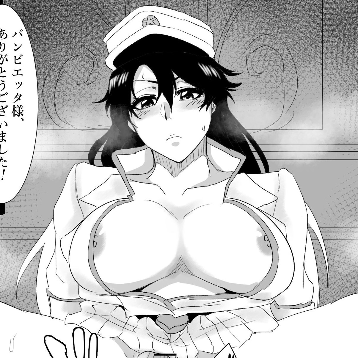 1boy, 1girls, after sex, bambietta basterbine, big breasts, black hair, bleach, blush, breasts, dissappointed look, female, half naked, hat, japanese text, looking down at viewer, male, monochrome, nipples, peaked cap, pussy, pussy juice drip, robatomyi