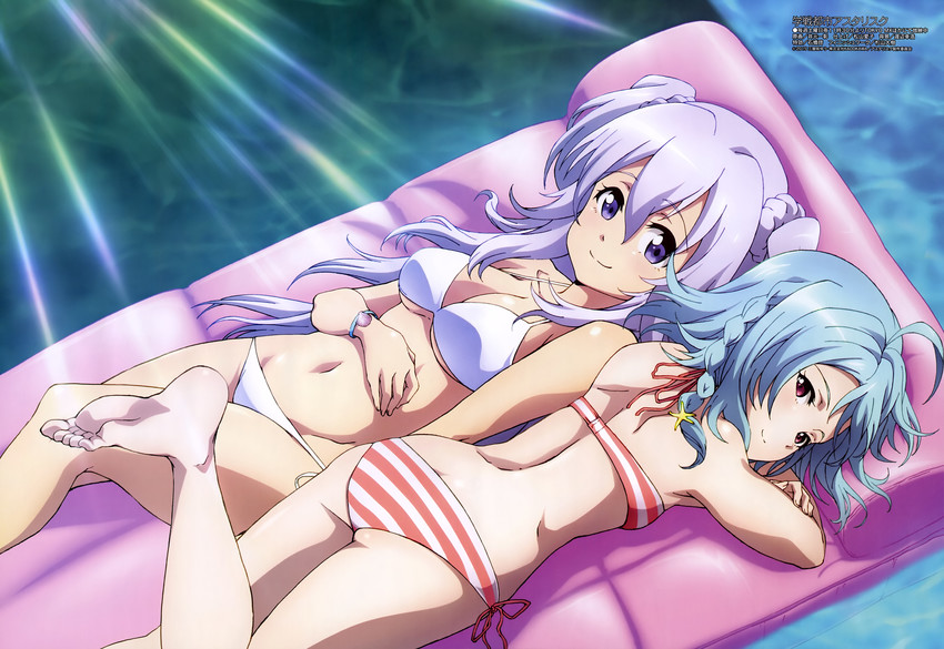 ass back bare_arms bare_back bare_belly bare_legs bare_shoulders bare_thighs barefoot belly_button big_breasts bikini blue_hair bracelet braid breasts cleavage crossed_arms feet gakusen_toshi_asterisk inflatable_raft leg_up lying lying_on_back megami_magazine mouth_closed official_art pool purple_eyes purple_hair red_eyes sasamiya_saya smile striped_bikini thighs toes toudou_kirin underboob water white_bikini