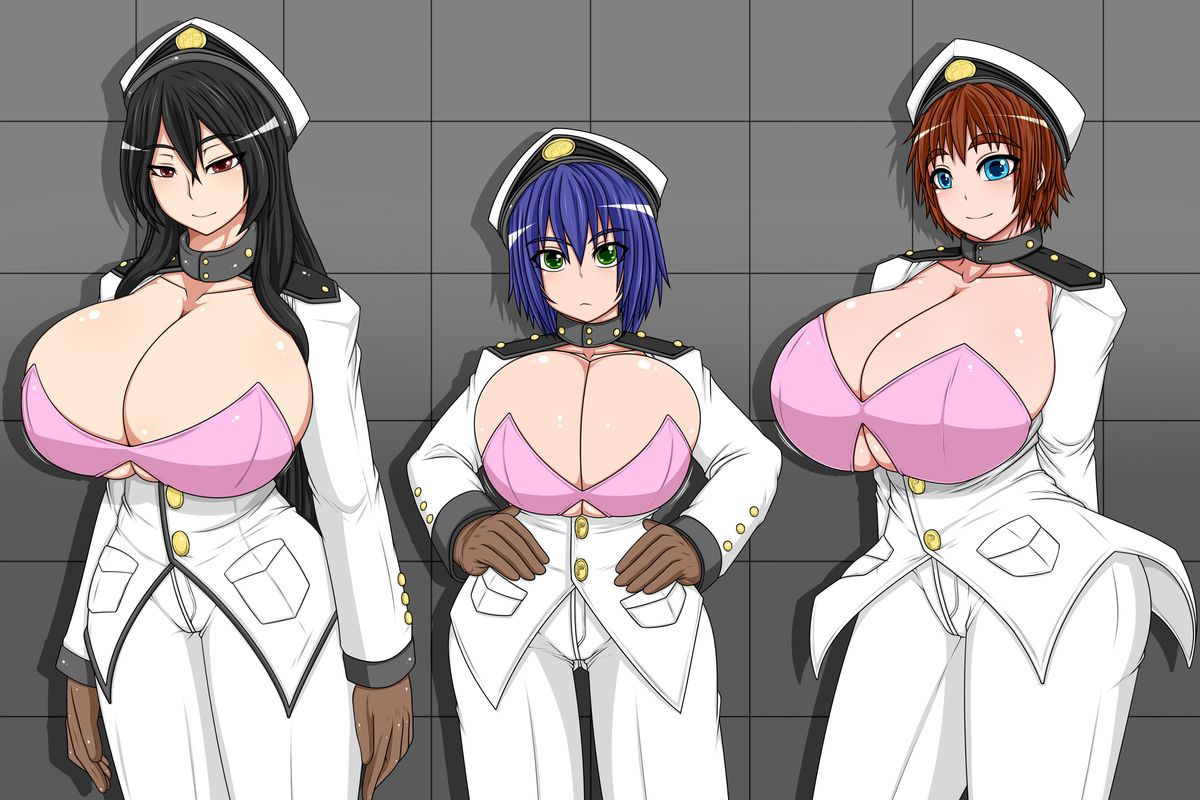 3girls beige_skin black_hair blue_eyes blue_hair breasts brown_eyes brown_hair closed_mouth clothed color female female_only green_eyes group hatomame human large_breasts maki_hibino multiple_girls open_eyes short_hair