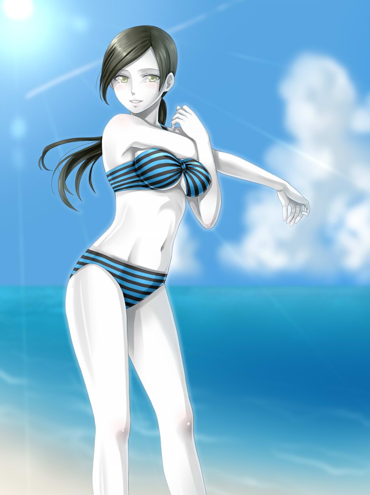 1girls, bikini, black eyes, black hair, breasts, female, female only, human, nintendo, solo, stretching, striped panties, swimsuit, swimwear, underboob, white skin, wii fit, wii fit trainer, wii fit trainer (female)