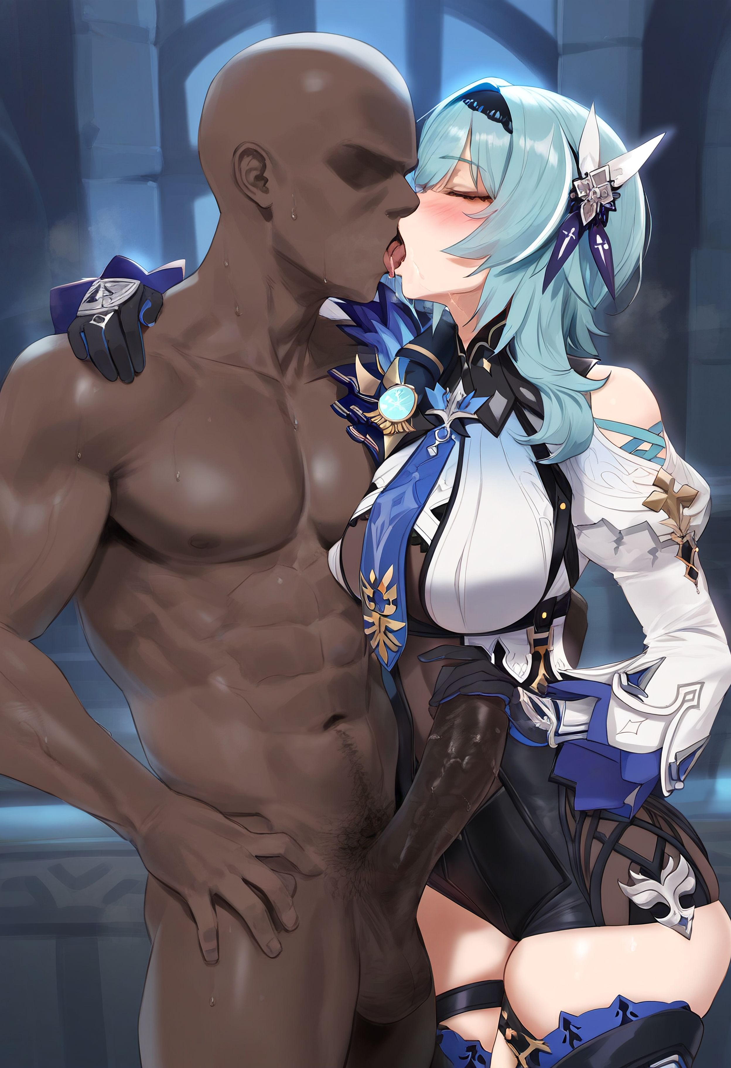 ai generated, ass, big ass, big breasts, blue hair, breasts, dark skin, dark-skinned male, eula (genshin impact), female, genshin impact, male, mikayori