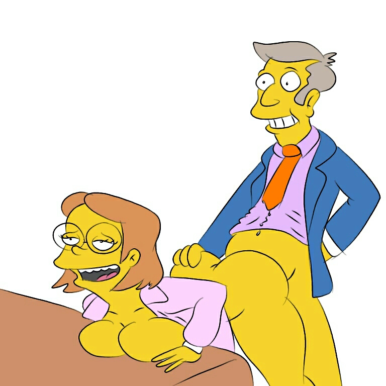 1boy 1girls ass breasts brown_hair clothing desk doggy_style duo elizabeth_hoover female glasses gray_hair hand_on_ass human male male/female maxtlat no_pants sex seymour_skinner smiling straight straight_sex table the_simpsons white_background yellow_skin