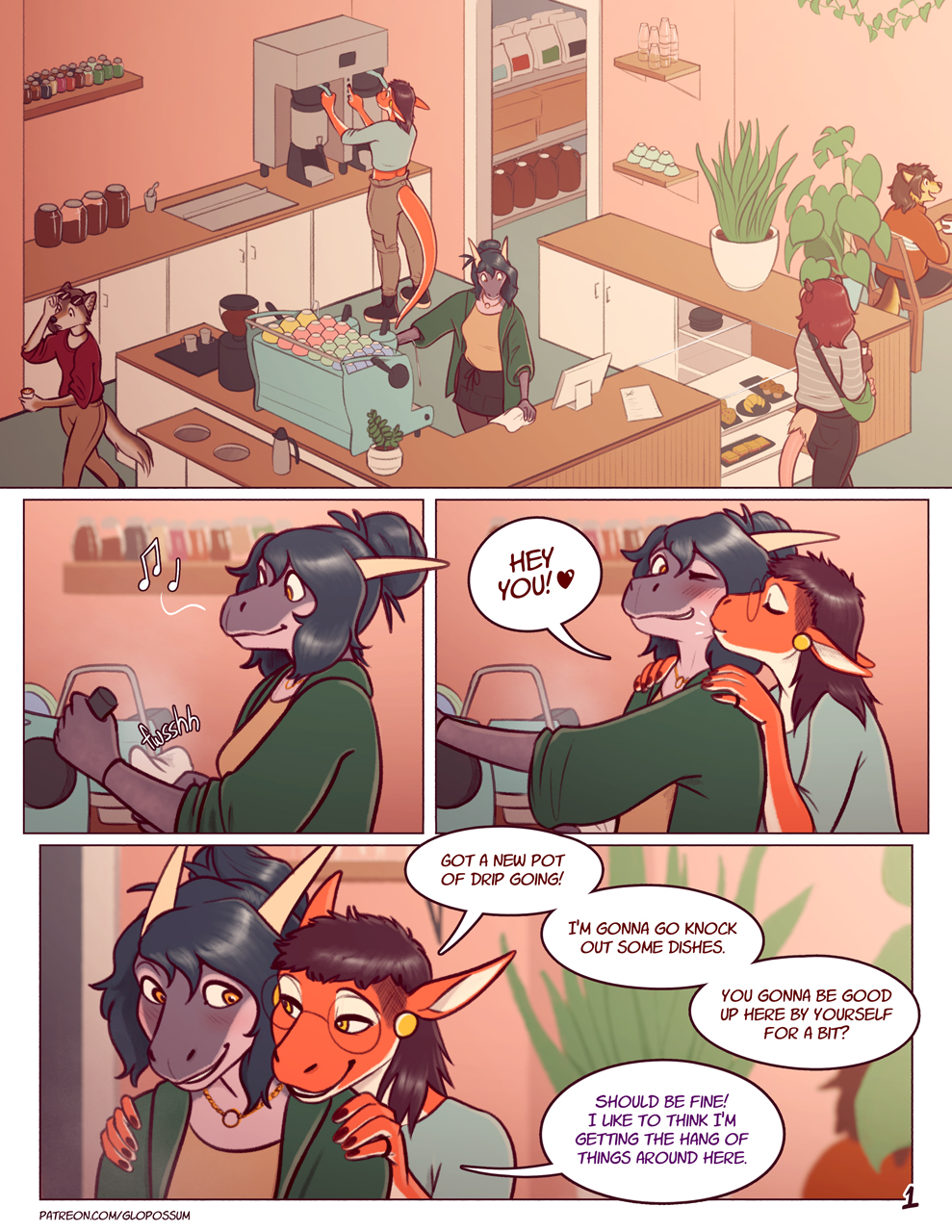 anthro anthro_only chloe_(glopossum) coffee coffee_mug coffee_shop comic comic_page dragon english_text female glopossum kissing kissing_cheek lizard page_1 page_number red_(glopossum) scalie scalie_humanoid speech_bubble tagme text text_bubble