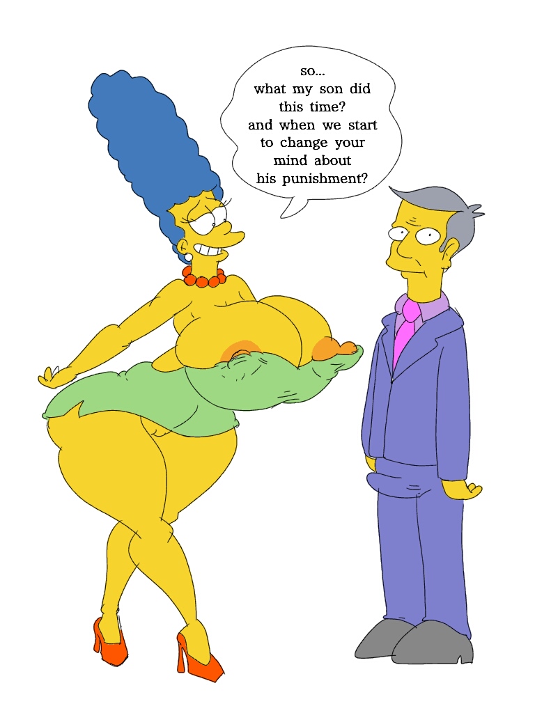 1boy 1girls big_breasts blue_hair boner breasts cleavage dress ear_piercing erection female gray_hair green_dress high_heels huge_breasts human large_breasts male marge_simpson maxtlat necklace nipples penis pussy seymour_skinner smile text text_bubble the_simpsons thick_thighs white_background wide_hips yellow_body yellow_skin