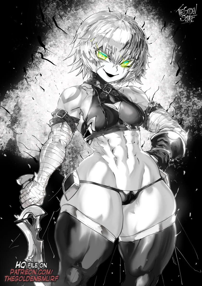 1girls abs aged_up bottom_heavy eight_pack fate/apocrypha fate/grand_order fate_(series) green_eyes jack_the_ripper_(fate/apocrypha) menacing monochrome muscular muscular_arms muscular_thighs panties short_hair shortstack small_breasts tattoo thegoldensmurf thick_thighs weapon wide_hips