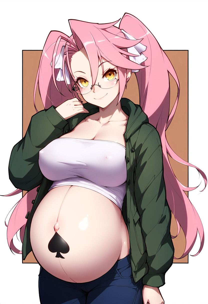 1girls ai_generated big_breasts big_breasts blush breasts breasts bulging_nipples cleavage collarbone crop_top cute glasses green_jacket hand_to_own_mouth happy highschool_of_the_dead jacket jeans long_hair long_sleeves long_twintails nipples nipples_visible_through_clothing no_bra no_bra_under_clothes pink_hair pregnant qos qos_tattoo queen_of_spades queen_of_spades_symbol queen_of_spades_tattoo revealing revealing_clothes saya_takagi simple_background smiling snowbunny solo_female solo_focus spade_tattoo tattoo tattoo_on_belly teenage_pregnancy twintails yellow_eyes