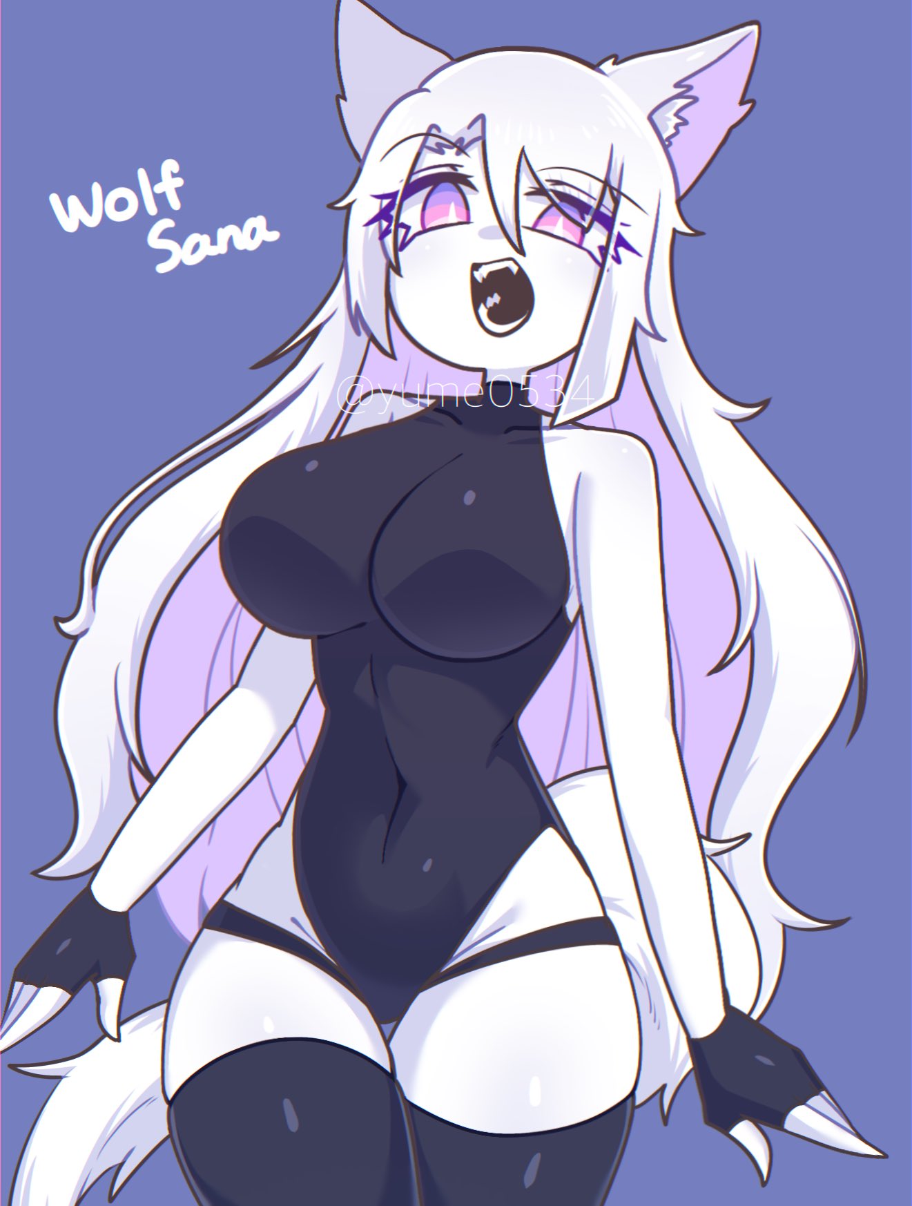 big breasts, breasts, cute, fangs, female, fingerless gloves, garter belt, leotard, long hair, massive breasts, oc, original, original character, pink eyes, sana (yume0534), simple background, thick thighs, thighhighs, tight clothing, white body, white hair, wolf ears, wolf girl, wolf tail, yume0534
