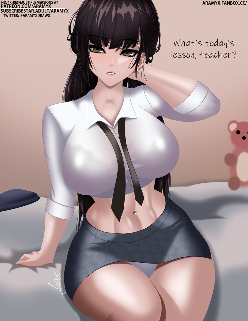 aramyx goddess_of_victory:_nikke huge_breasts marciana_(nikke) marciana_(school_days)_(nikke) nikke school_uniform skirt thick_thighs tight_clothing tight_shirt toned toned_female visible_underwear wide_hips