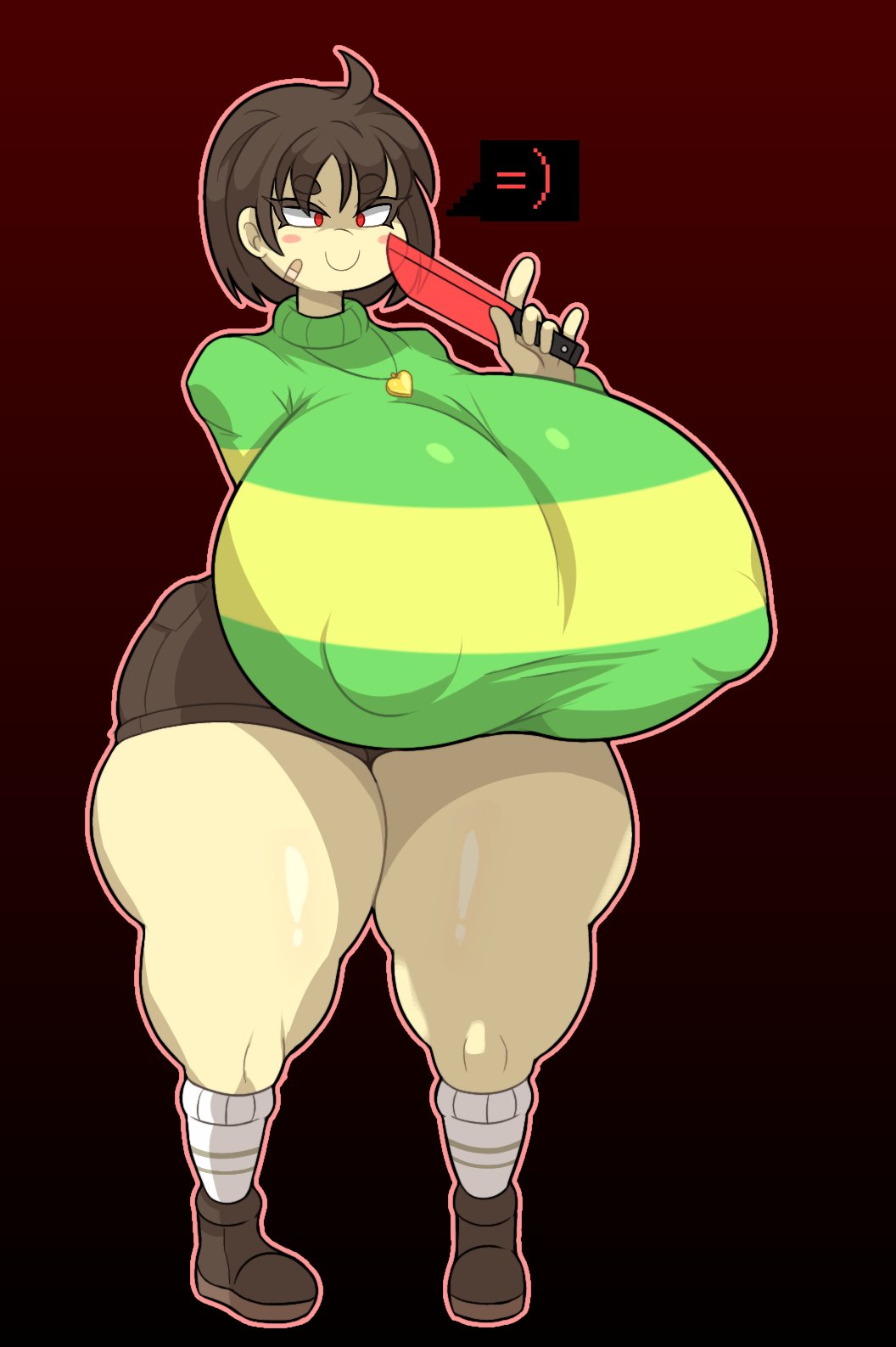 ass_bigger_than_head breasts_bigger_than_head casual_nudity chara clothed female female_only huge_ass huge_breasts kumomogi nipples_visible_through_clothing no_bra teasing undertale