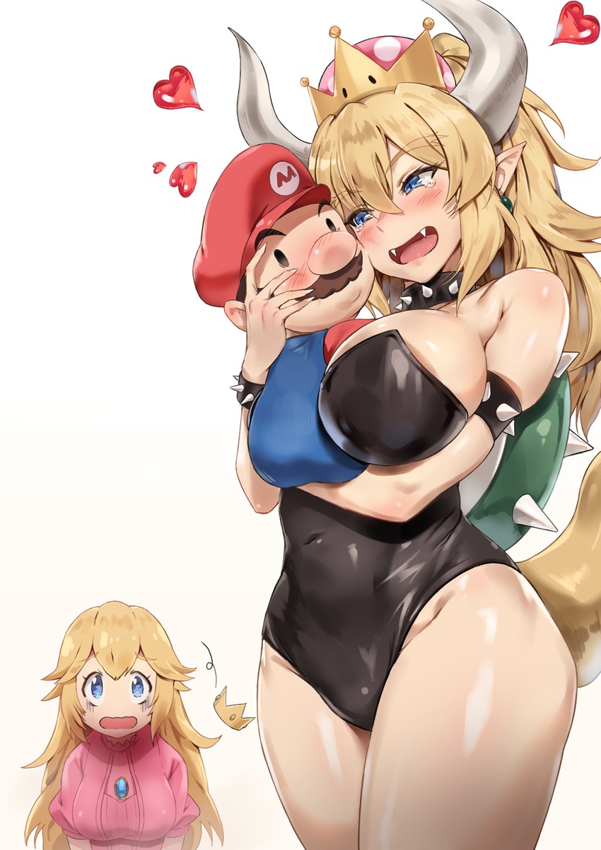 arms_under_breasts between_breasts blonde_hair blue blue_eyes bowsette hips large_breasts mario mario_(series) new_super_mario_bros._u_deluxe nintendo princess_peach rainmaker_(artist) smile super_mario_bros. thick_thighs