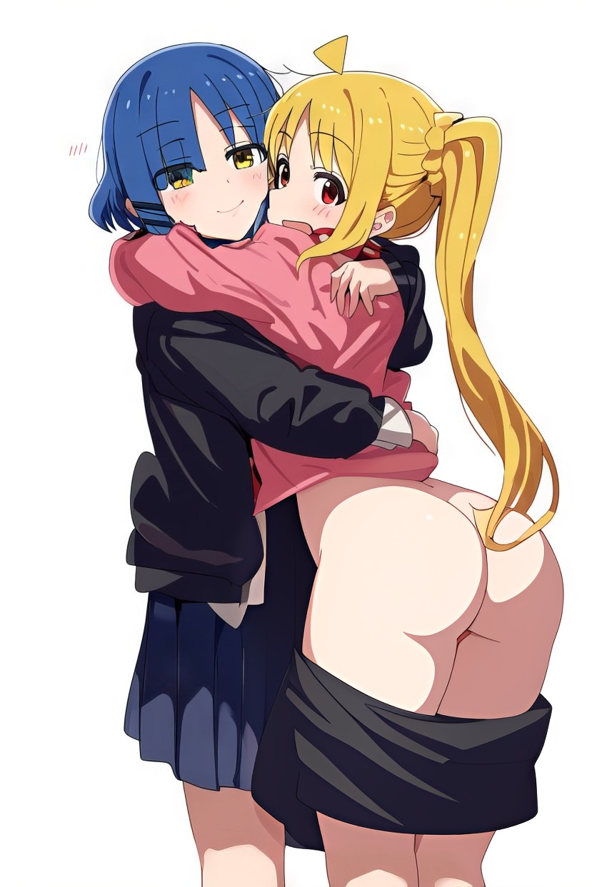 ai generated, ass, ass focus, ass up, bocchi the rock!, female, ijichi nijika, jacket, legs, looking at viewer, looking pleasured, smile, smiley face, yamada ryou, yuri