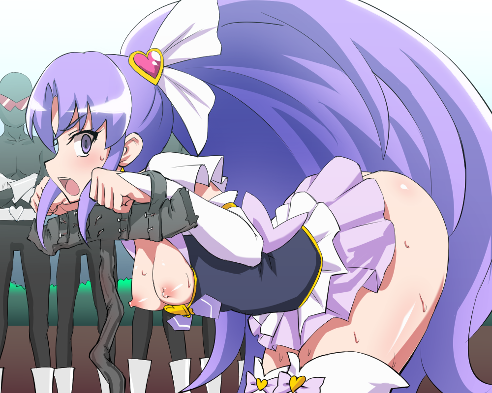 areolae ass bent_over blush bondage breasts breasts_out clothing cure_fortune female happinesscharge_precure! hikawa_iona legs long_hair looking_back magical_girl nipples no_bra no_panties open_mouth precure pretty_cure purple_eyes purple_hair skirt small_breasts standing suigin_cigarette sweat thighs