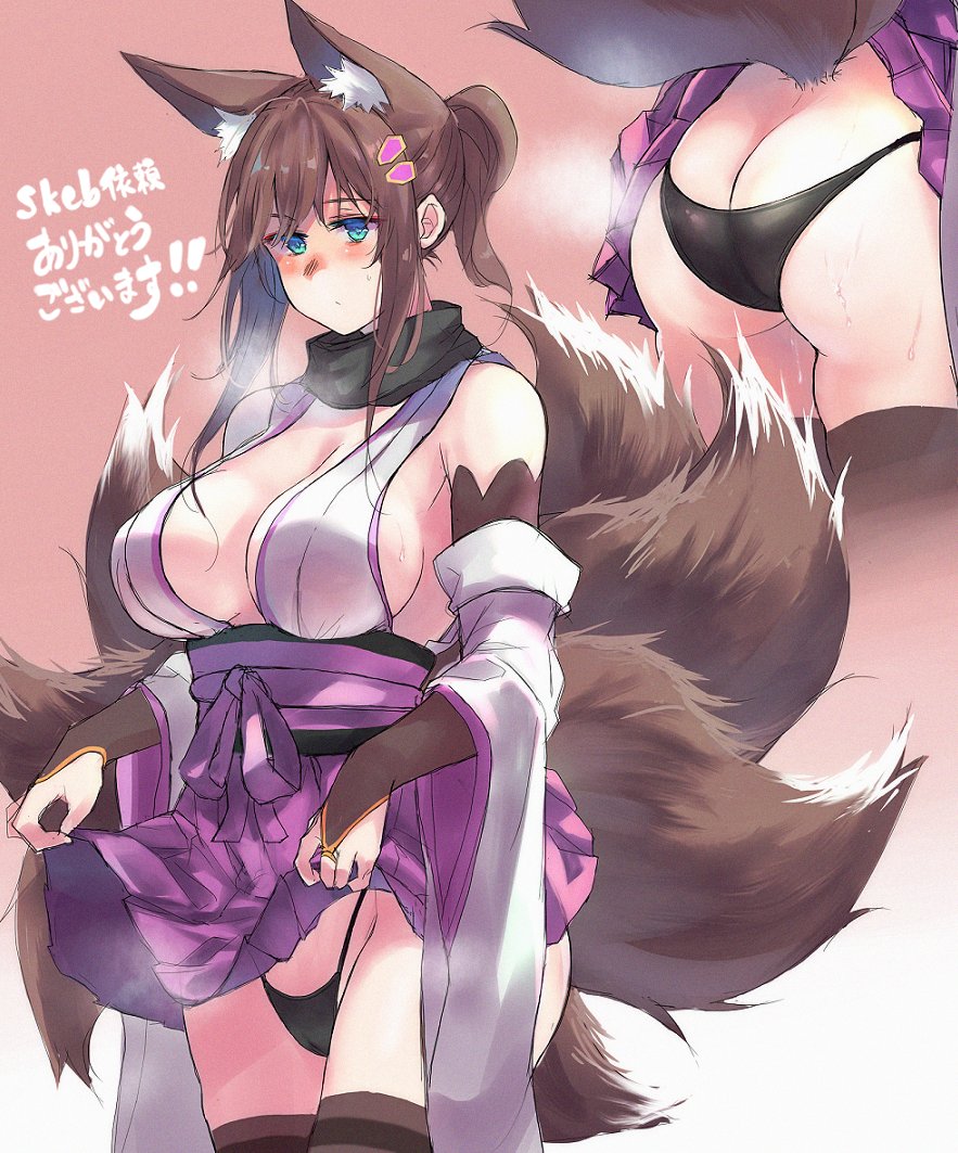 1girls animal_ear_fluff animal_ears aqua_eyes bare_shoulders black_panties black_scarf breasts brown_gloves brown_hair brown_thighhighs cleavage_cutout clothes_lift clothing_cutout detached_sleeves elbow_gloves extra_ears female fingerless_gloves fox_ears fox_girl fox_tail gloves lifting_own_clothes miniskirt multiple_views obi original panties pleated_skirt purple_skirt sash sawaya_(mizukazu) scarf side_cutout sideboob sidelocks skirt skirt_lift tail thighhighs underwear white_sleeves wide_sleeves