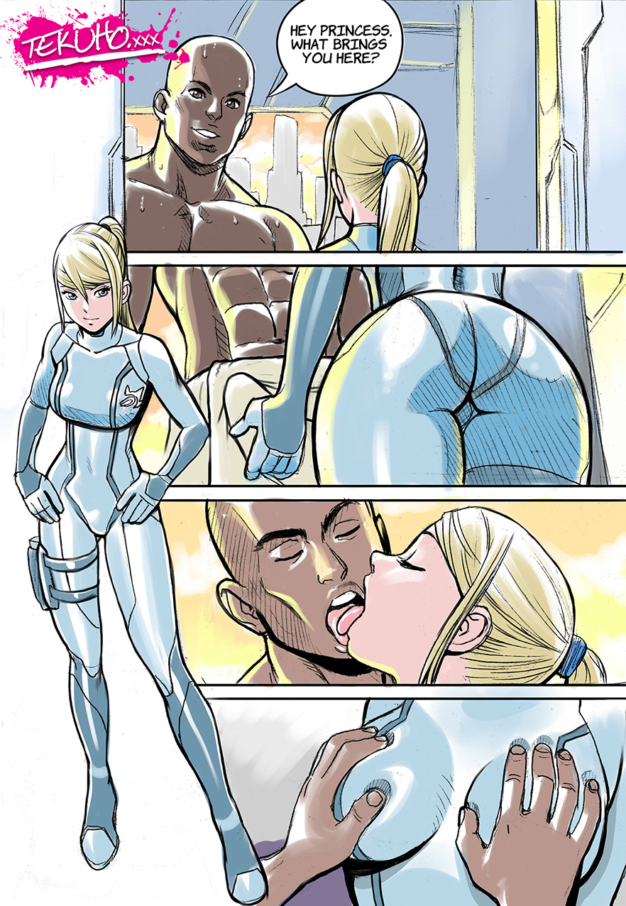 1boy 1girls abs anthony_higgs apple_butt ass blue_eyes bodysuit breast_fondling breast_grab breasts brown_eyes bulge closed_eyes comic dark-skinned_male dark_skin dialog female female_focus french_kiss french_kissing from_below groping hands_on_hips highres holster human interracial kiss kissing male metroid navel nintendo samus_aran skin_tight straight sweat tekuho text thigh_strap tongue tongue_out towel zero_suit zero_suit_samus