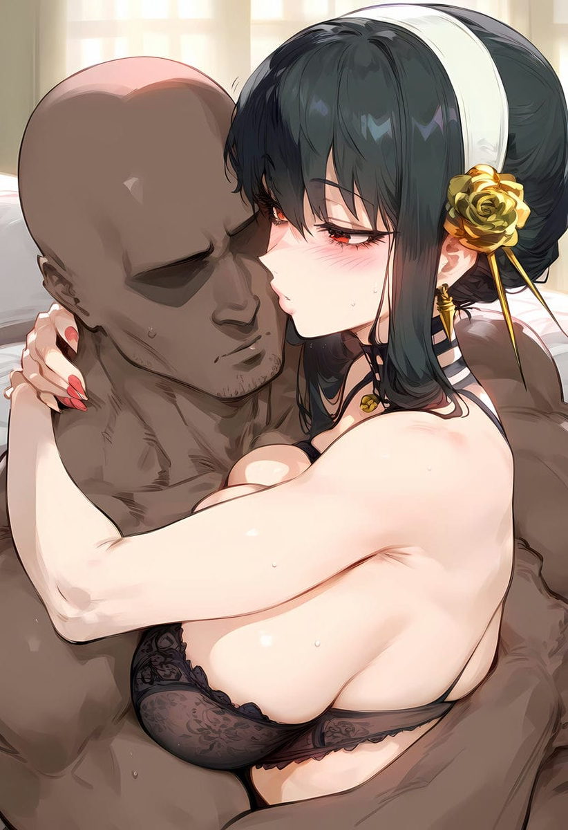 1boy, 1girls, ai generated, bare arms, bare shoulders, big breasts, black hair, blush, bra, breasts, color, dark skin, dark-skinned male, female, hi res, interracial, large breasts, light skin, light-skinned female, lingerie, long hair, male, male/female, muscles, muscular, muscular male, nakatori, netorare, ntr, red eyes, spy x family, tagme, thorn princess, yor briar, yor forger