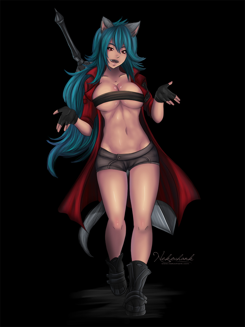 blue_hair boots breasts catgirl cosplay leather_jacket nekochank short_shorts tan_skin thick_thighs tubetop tummy