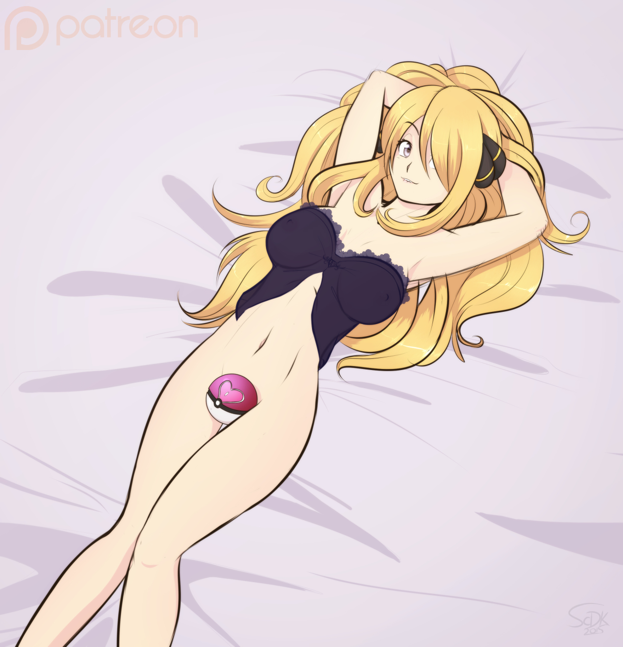 bottomless, breasts, convenient censoring, cynthia (pokemon), female, female only, human, human only, lingerie, lying down, nintendo, pokeball, pokemon, scorpdk, solo