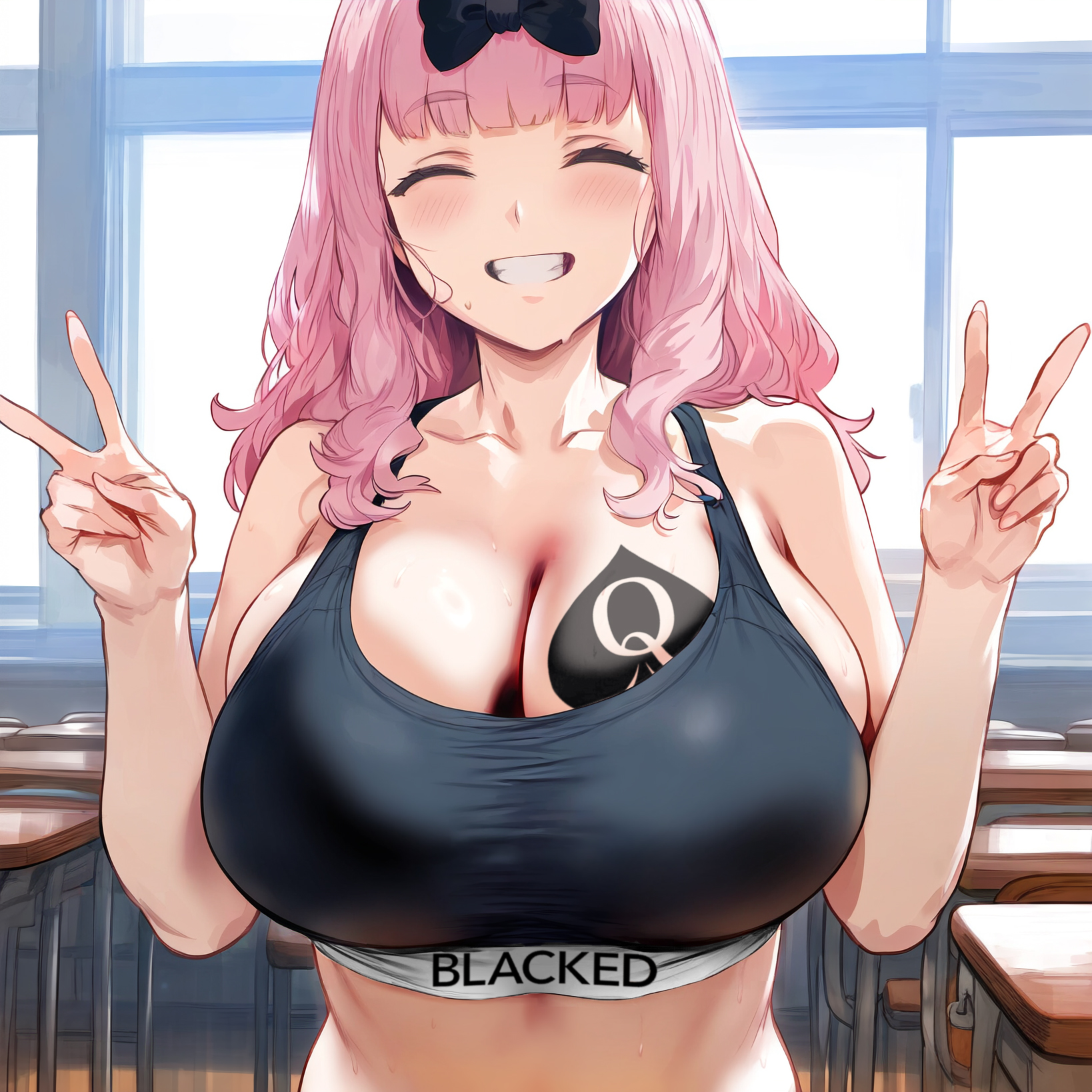 1girls, ai generated, big breasts, blacked, blacked clothing, breasts, bursting breasts, busty, cleavage, closed eyes, double v, female, female only, fujiwara chika, grin, gym uniform, happy, hi res, kaguya-sama wa kokurasetai ~tensai-tachi no renai zunousen~, large breasts, long hair, midriff, pink hair, pose, posing, qos, queen of spades, raceplay, snowbunny, solo, sports bra, sweat, tattoo, v, voluptuous