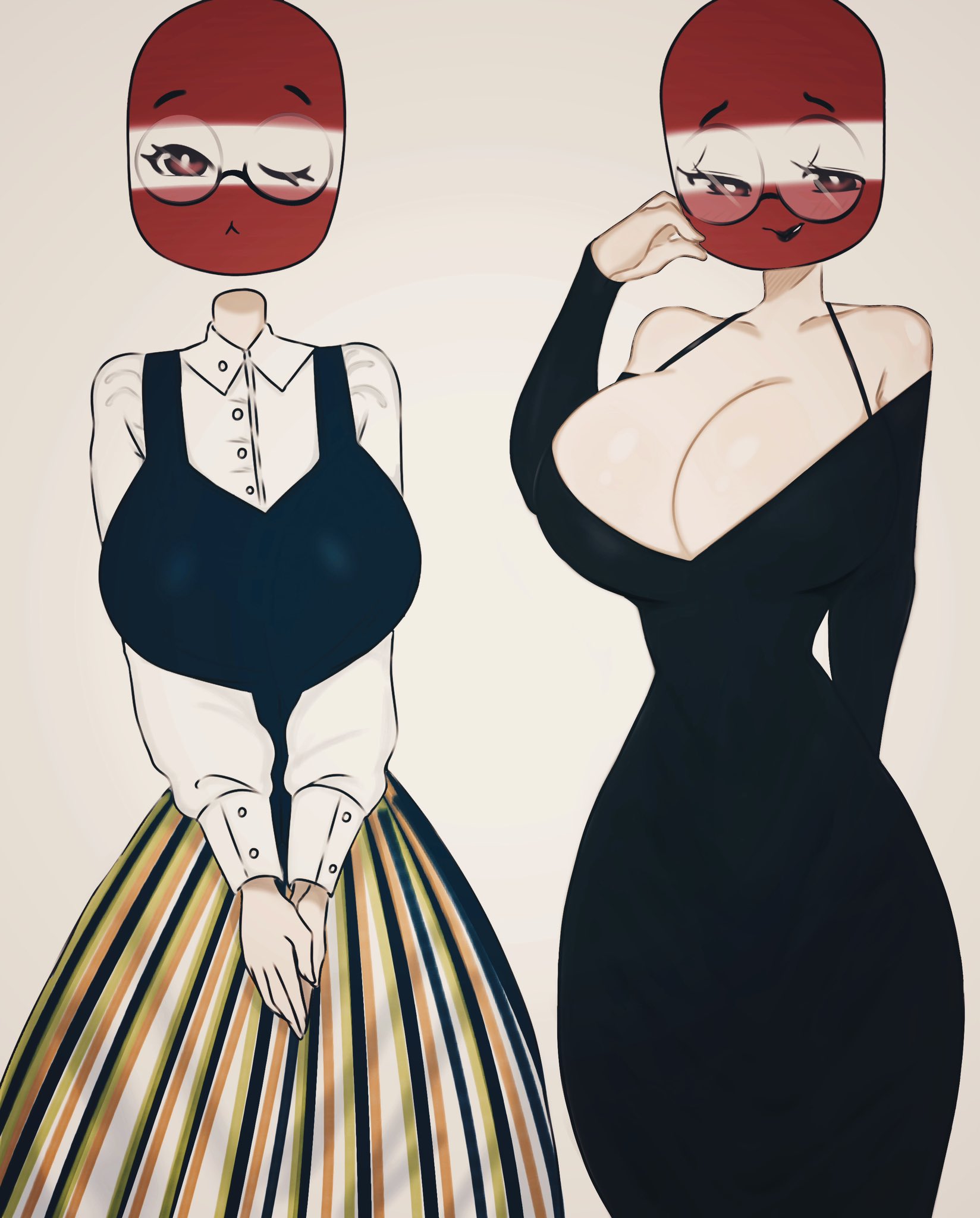 1girls, big breasts, black lipstick, breasts, clothed, countryhumans, countryhumans girl, dress, female, female only, flawsy, glasses, latvia (countryhumans), lipstick, looking at viewer, looking away, red eyes, tagme