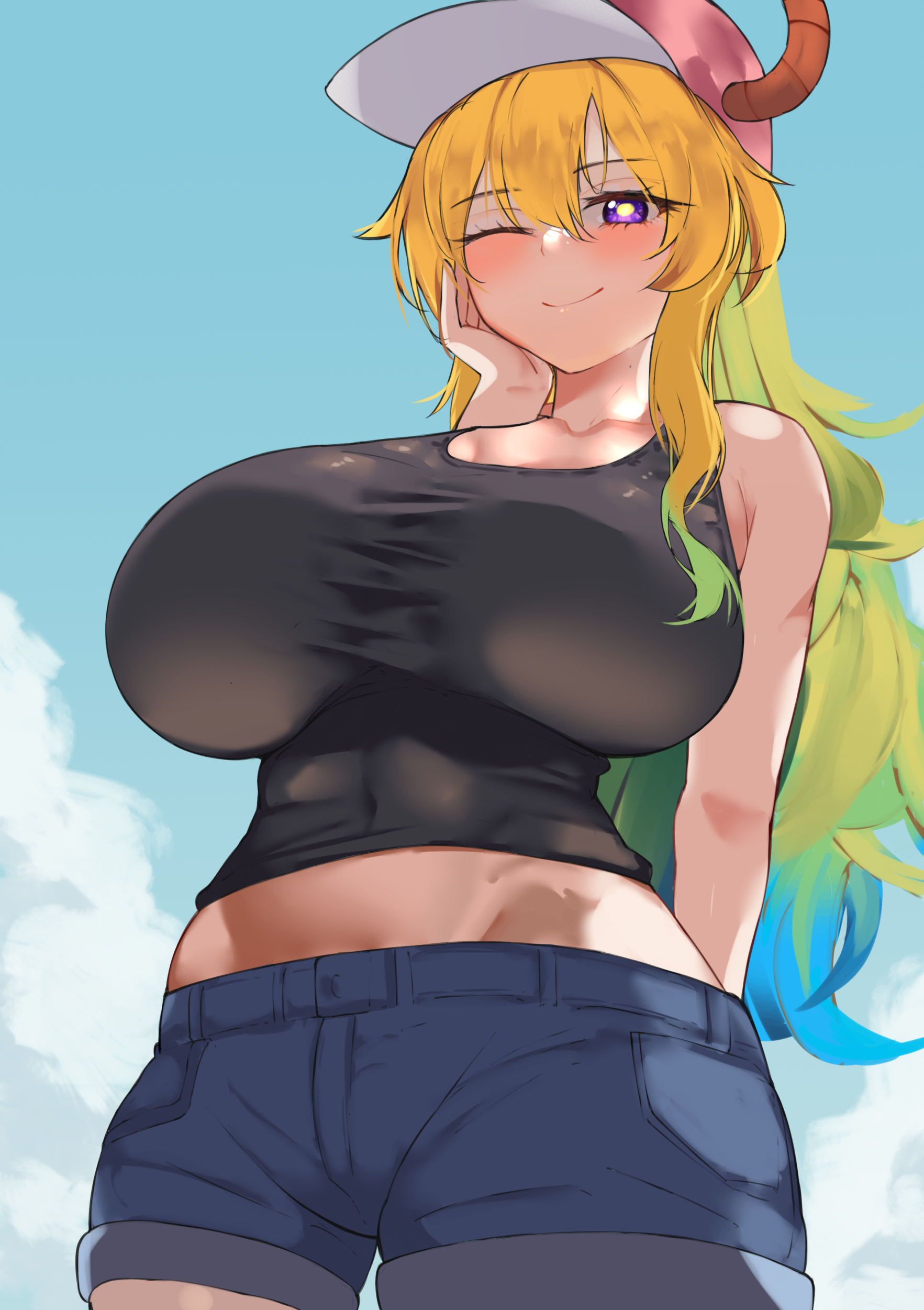 1girls, baseball cap, big breasts, black tank top, blonde hair, blue shorts, blush, bottomwear, breasts, clothing, female, female only, hair, hat, headwear, horns, huge breasts, large breasts, long hair, lucoa, lucoa (maidragon), mature, mature female, miss kobayashi's dragon maid, one eye closed, purple eyes, purplecat (artist), quetzalcoatl (dragon maid), shorts, solo, solo female, tank top, topwear, two-tone hair, wink, winking