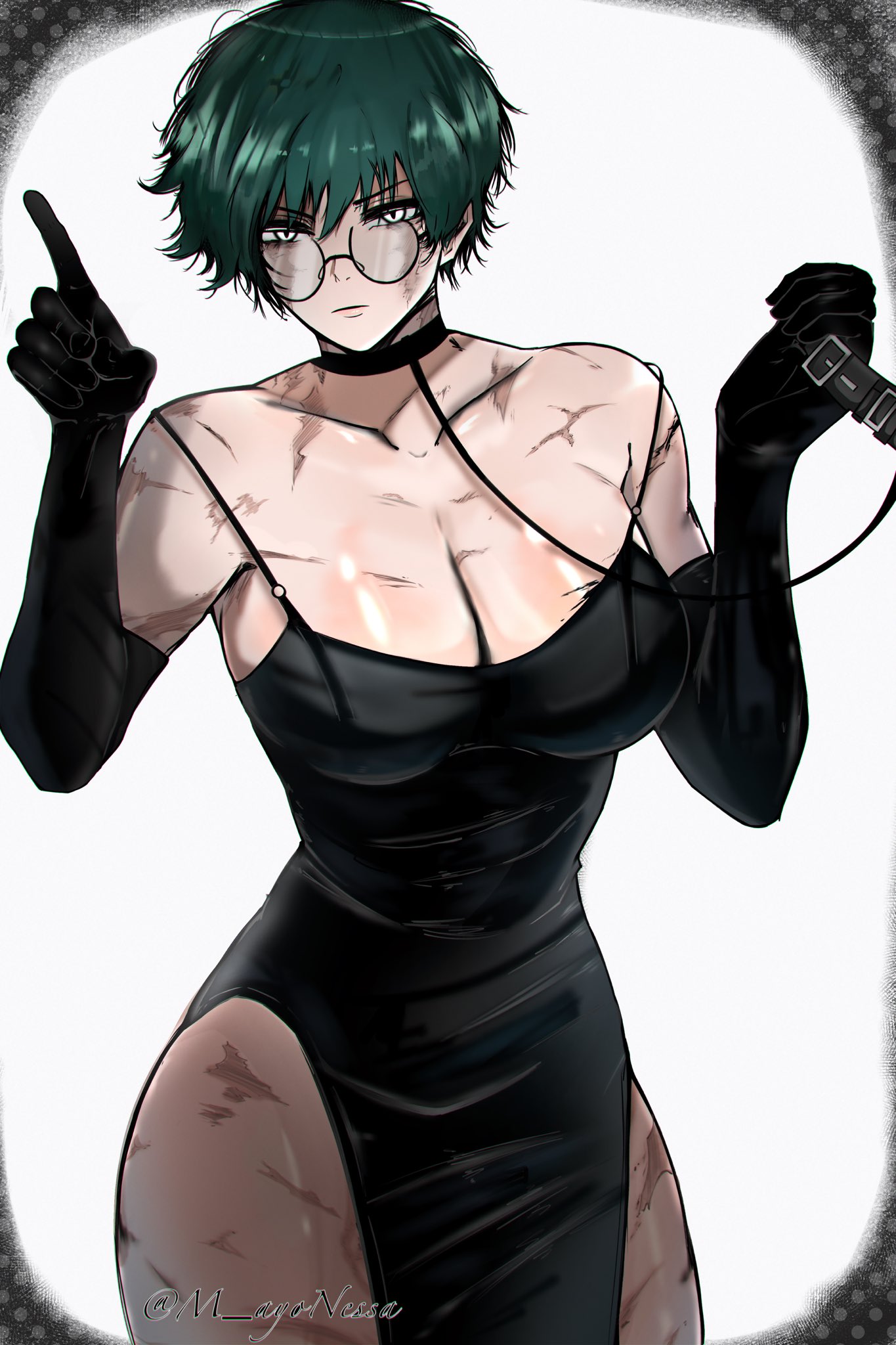 1girls, anime, black dress, black hair, breasts, burn scar, collar, female, glasses, green hair, green-haired female, horny, jujutsu kaisen, latex gloves, leash, lewd, m ayonessa, manga, scar, sex slave, short, short hair, zenin maki