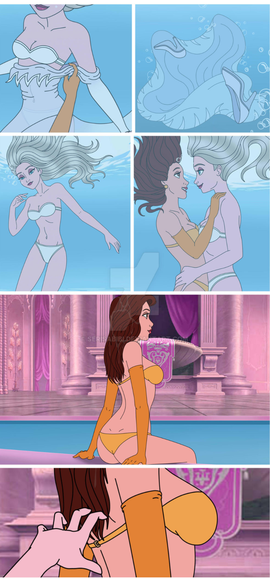 ass beauty_and_the_beast belle bikini comic disney disney_princess elsa_(frozen) frozen_(film) lipstick serisabibi underwater