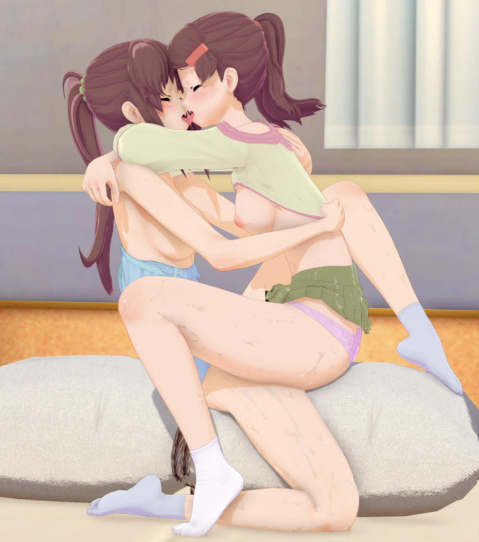 3d ankle_socks anklehighs breasts_out drooling incest kissing kissxsis open_mouth panties shirt_lift sisters skirt_lift socks suminoe_ako suminoe_riko sweat the_devillust tongue twins white_socks yuri