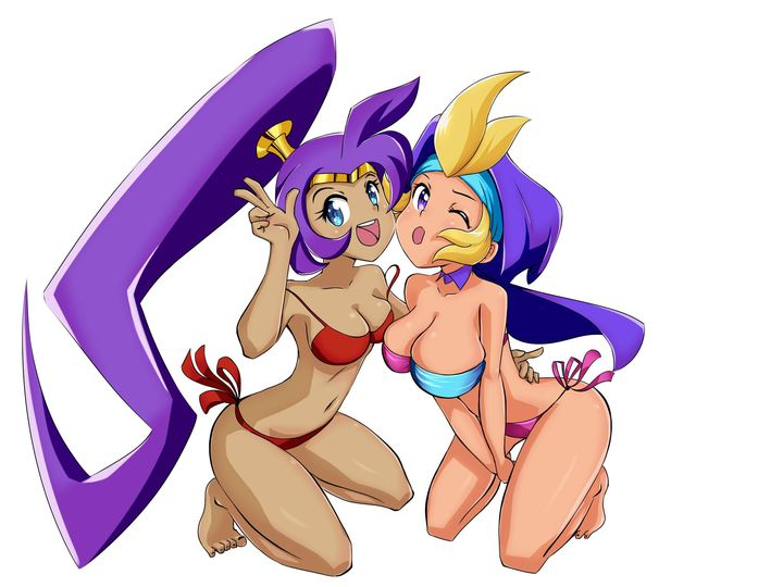 2d 2d_(artwork) 2girls :d belly_button big_breasts bikini blonde_hair blue_eyes choker female female_only hand_on_waist loose_bikini peace_sign pose posing posing_for_the_viewer purple_hair seductive shantae shantae_(character) skinny sky_(shantae) string_bikini tagme tanned_skin