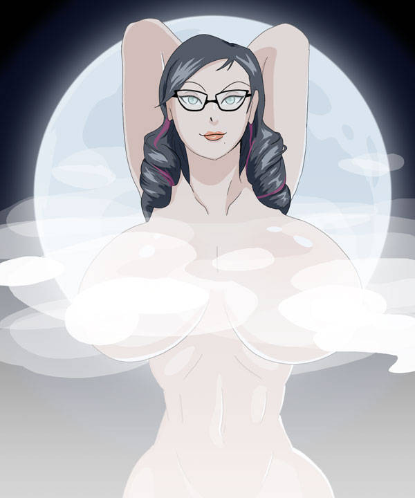 1girl arms_behind_head arms_up bayonetta bayonetta_(character) bayonetta_3 black_hair breasts closed_mouth convenient_censoring female glasses green_eyes huge_breasts long_hair looking_at_viewer mole mole_under_mouth moon navel nude out-of-frame_censoring pheromonequeen smile solo steam steam_censor