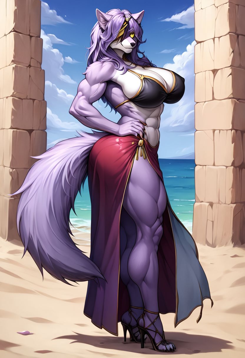 1anthro 1girls abs ai_generated anthro beach bikini civitai covered_eyes female fire_emblem fire_emblem:_radiant_dawn furry high_heels muscular muscular_anthro muscular_female nailah_(fire_emblem) solo wolf_ears wolf_girl wolf_tail