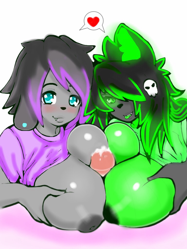 2015 anthro bat big_breasts black_hair blue_eyes blush breast_grab breast_squish breasts canine clothing cum cute_fangs disembodied_penis double_paizuri dragon ember_kashima female floppy_ears fur glowing green_eyes green_hair grey_fur grey_hair group group_sex hair heart humanoid_penis hybrid inner_ear_fluff inuzu looking_at_viewer male mammal nipples paizuri penis pink_hair scalie sex shirt shirt_lift slit_pupils smile straight teasing text_balloon threesome tongue tongue_out two_tone_hair vixin