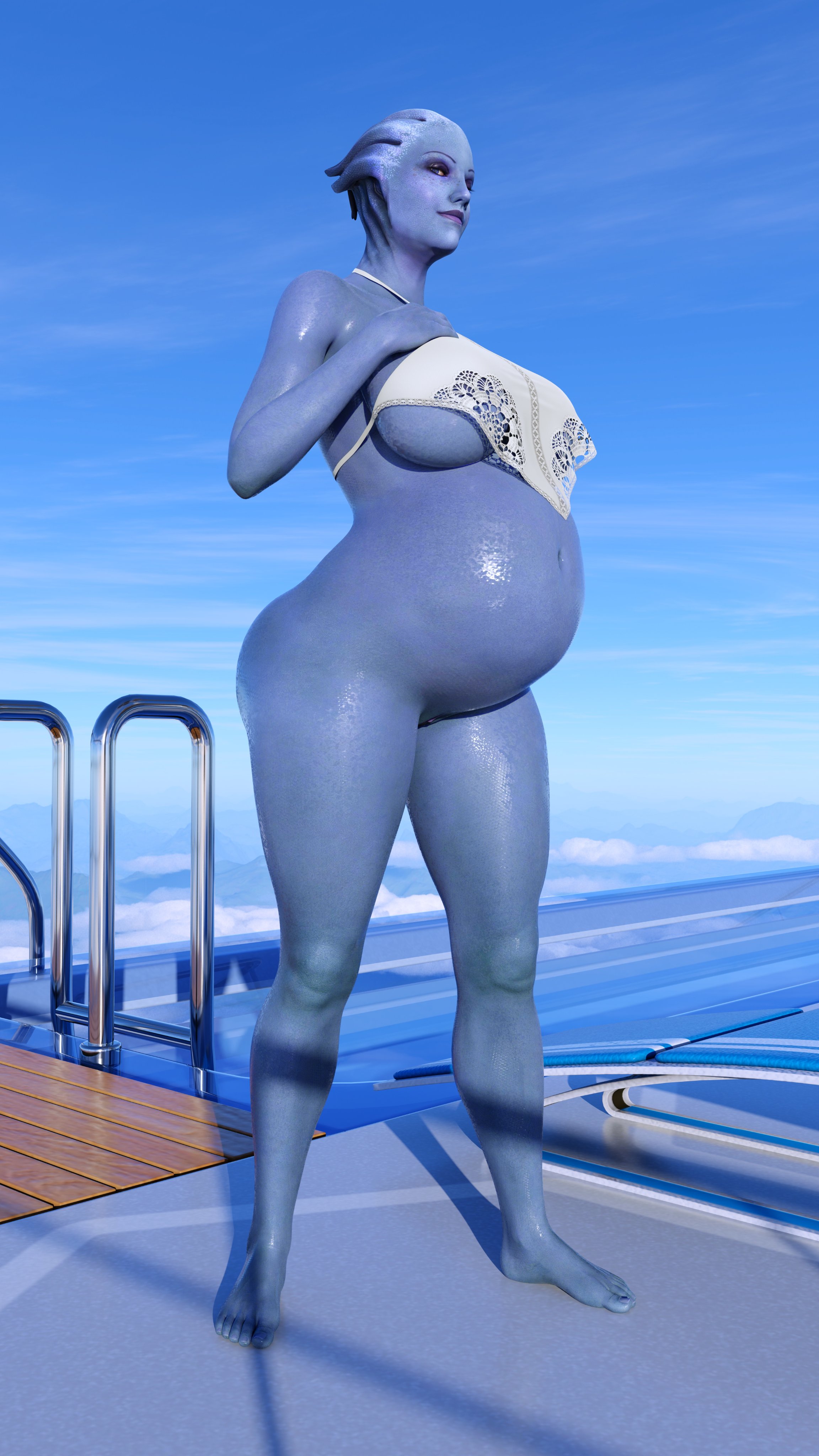1girls, 2023, 3d, abs, alien girl, asari, bare shoulders, bikini, blue body, blue skin, blue sky, bottomless, breasts, clothed, clothed female, clouds, female, female only, fit, fit female, guidugalle, guimontag, lactation, liara t'soni, mass effect, nipples, pregnant, pregnant belly, pregnant female, pussy, scales, sci-fi, solo, solo female, summer