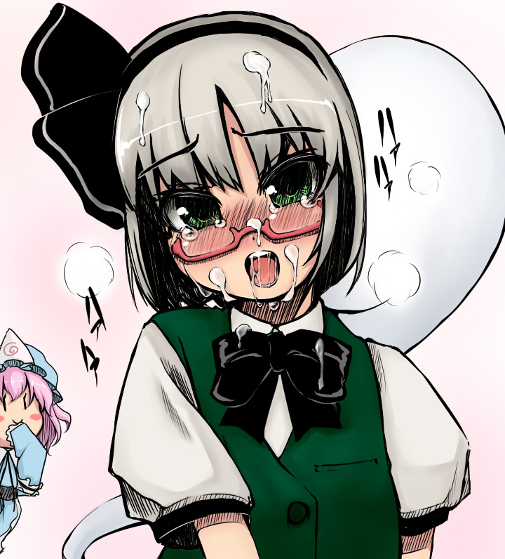 blush cum cum_in_mouth eyewear ghost glasses green_eyes hairband hat myon petag2 pink_hair short_hair silver_hair touhou youmu_konpaku youmu_konpaku_(ghost) yuyuko_saigyouji