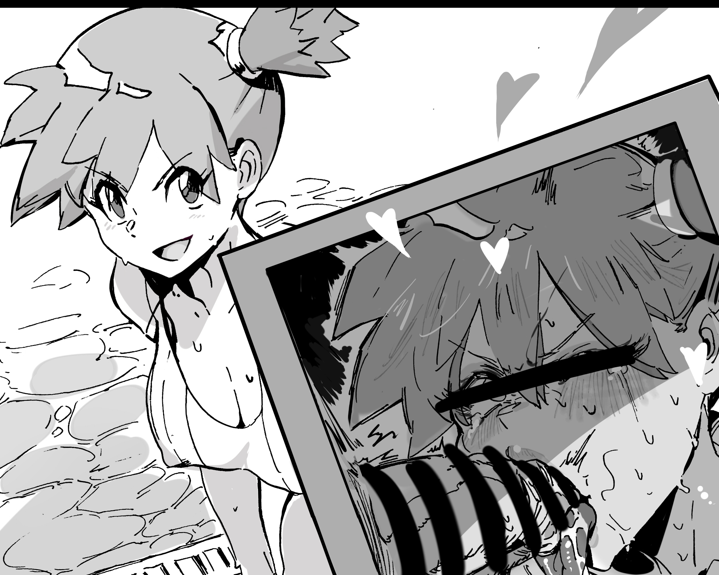 :d, 1boy, 2d, asymmetrical hair, bar censor, bikini, blush, breasts, cellphone photo, censored, covered erect nipples, cum, cum in mouth, fellatio, female, hand on another's head, highres, hiro (user negm3832), irrumatio, kasumi (pokemon), large breasts, licking, licking penis, male, nintendo, one-piece swimsuit, open mouth, oral, penis, phone, photo (object), pokemon, pokemon lgpe, ponytail, pool, poolside, recording, short hair, side ponytail, smile, solo focus, straight, sweat, swimsuit, tongue, tongue out, v-shaped eyebrows, water