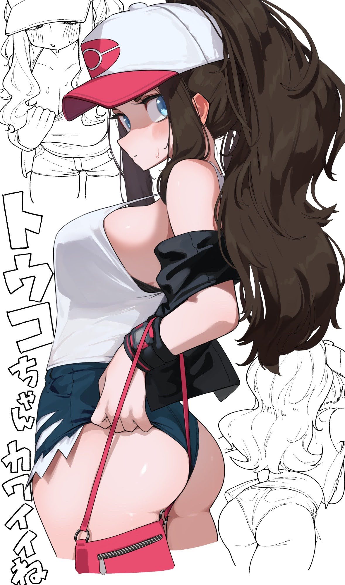 ass, bag, bare shoulders, baseball cap, black vest, blue eyes, blush, booty shorts, breasts, brown hair, closed mouth, clothes pull, clothing, denim, denim shorts, female, from behind, hat, headwear, high ponytail, hilda (pokemon), hizake, jacket, large breasts, long hair, looking at viewer, looking back, open clothes, pokemon, pokemon (game), pokemon black & white, pokemon character, ponytail, protagonist (pokemon), shirt, short shorts, shorts, sideboob, sidelocks, sleeveless, sleeveless shirt, solo, standing, sweat, tank top, thick thighs, thighs, underwear, vest, white shirt, wristband