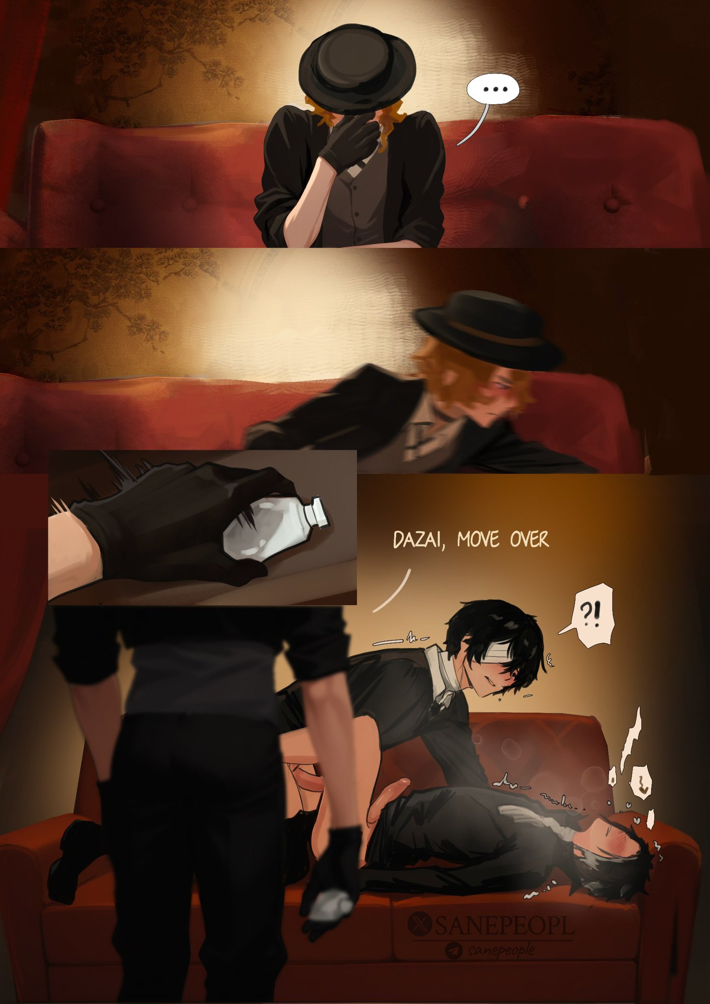 alcohol, brothel, bungo stray dogs, chuuya nakahara, cock out, dazai osamu, drunk, gay, imminent sex, intoxicated, lube, lube bottle, pretty boy, ryuunosuke akutagawa, sanepeopl, skinny