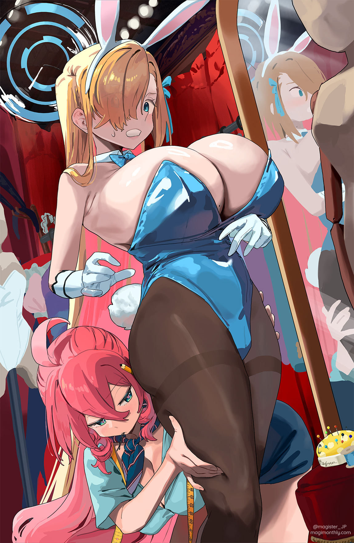 2girls, animal ears, asuna (blue archive), asuna (blue archive) (cosplay), asuna (bunny) (blue archive), bare shoulders, blonde hair, blue archive, blue eyes, blue leotard, blush, breasts, bunny ears, bunny tail, bunnysuit, cleavage, commentary, cosplay, detached collar, english commentary, female, female only, hair over one eye, halo, highres, huge breasts, leotard, long hair, looking at viewer, magister, magister (bigbakunyuu), mirror, multiple females, multiple girls, open mouth, original, pandora smith, pandora smith (magister), pantyhose, pink hair, rabbit ears, sakuraba himari (magister), thighband pantyhose, thighs, very long hair