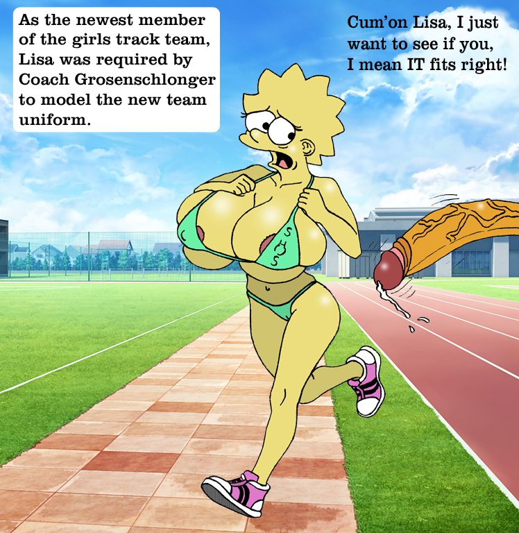 1boy, 1girls, aged up, areolae, bikini, breasts, english text, fear, female, gigantic cock, huge breasts, huge penis, imminent rape, imminent sex, lisa simpson, male, outdoors, penis, precum, running, sbb, straight, student and teacher, the simpsons, yellow body